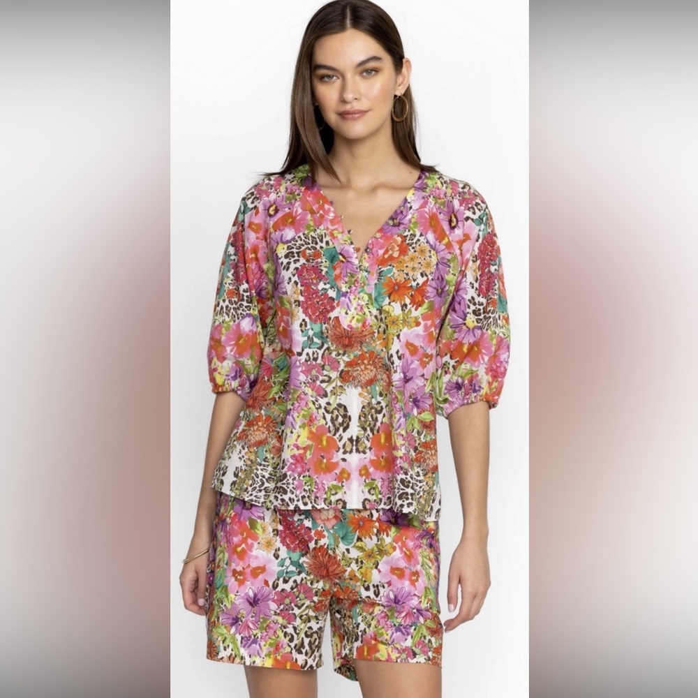 NEW NWOT $325 WOMENS SMALL (bust 36”) JOHNNY WAS WILD GARDEN SHIRT SHORTS OUTFIT